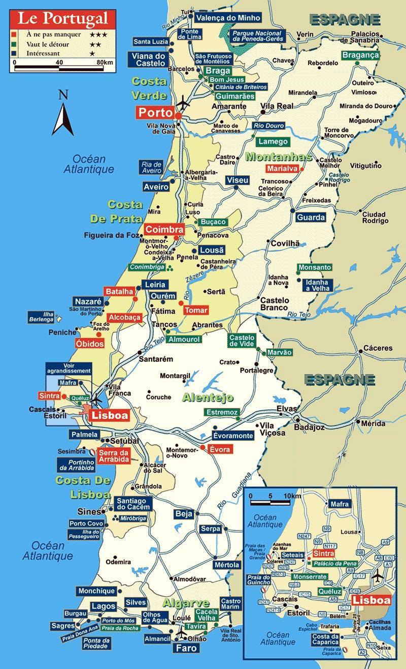 Portugal travel guide karta - Portugal resa karta (Södra Europa - Europa)