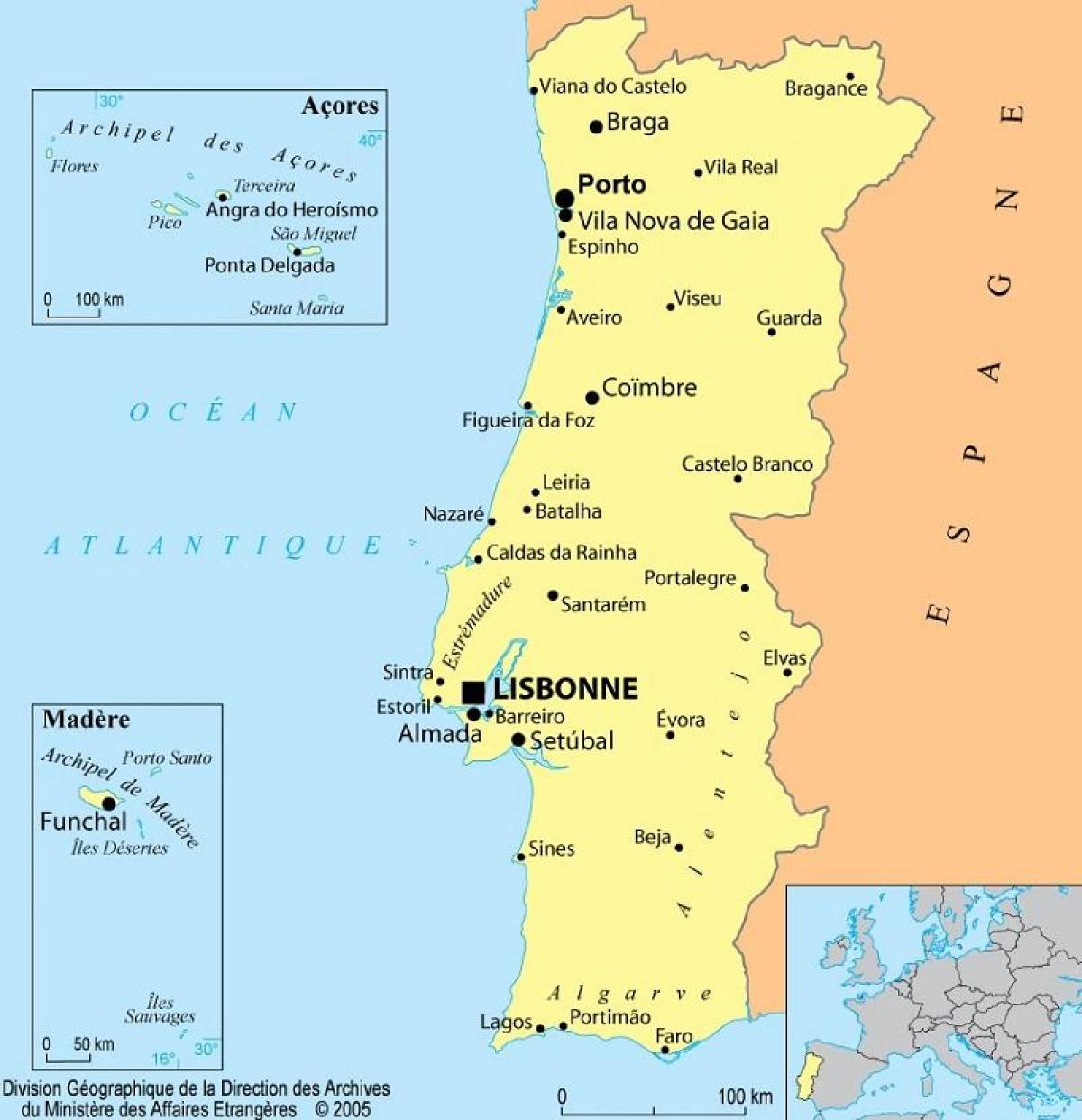 Portugal och Azorerna karta - Karta över Portugal och Azorerna (Södra
